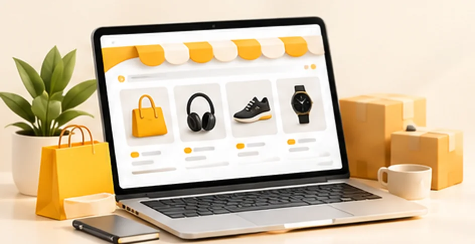 فروشگاه اینترنتی روی لپ‌تاپ با محصولات کیف، هدفون، کفش و ساعت