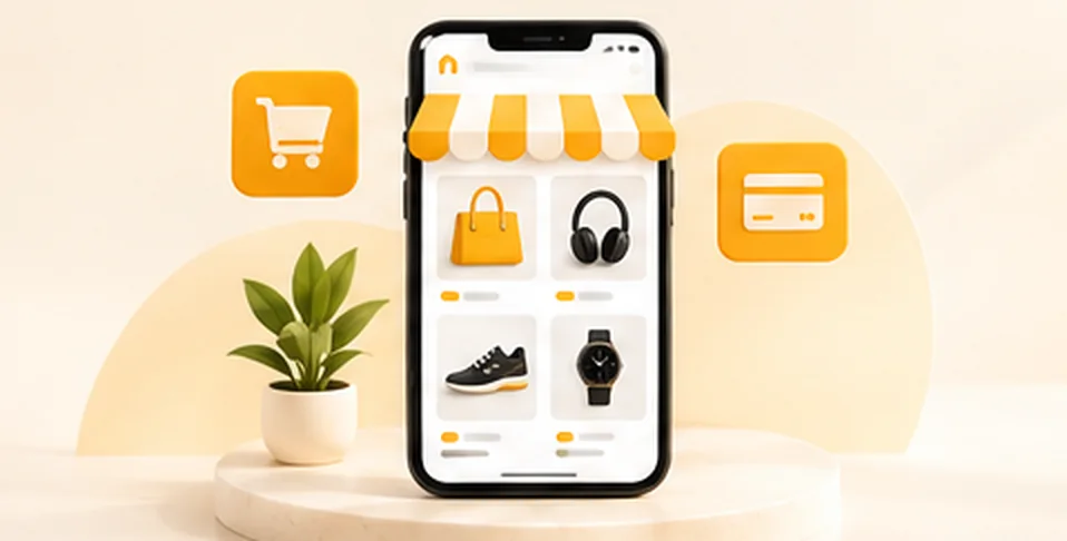 ویترین فروشگاه روی موبایل با آیکون سبد خرید و کارت پرداخت