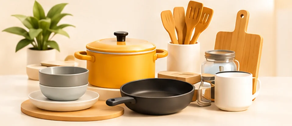 قابلمه، ماهیتابه، کاسه، لیوان و وسایل چوبی آشپزخانه