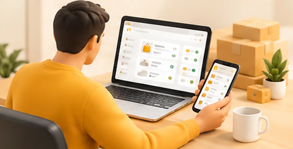 فروشنده در حال مدیریت سفارش‌ها روی لپ‌تاپ و موبایل